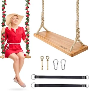 Hanging Wooden Swing, 24"x 8"x 1.2" Tree Swing for Adults Kids, Adjustable Th... - Picture 1 of 6