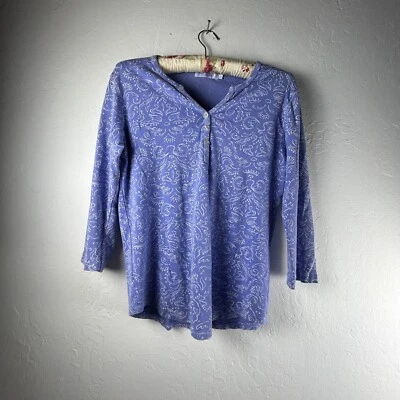 Fresh Produce Women Purple White Print Henley Top Size Large 3/4 Sleeve Pullover - Image 1 of 4