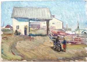 Ukrainian Soviet Oil Painting impressionism realism villagers kolkhoz bike - Picture 1 of 5