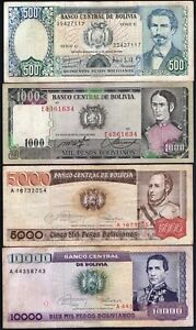 Bolivia set of 4 Notes 500, 1000, 5000 & 10000 Pesos 1981-1984, P-166-169 Circ.