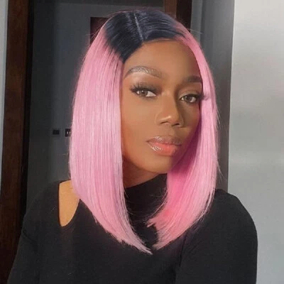 Pelucas sintéticas rosa ombre para mujer peluca bob raíces negras disfraz recto con disfraces Foto 1 de 4