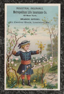 Victorian Trade Card Metropolitan Life Insurance Co Girl Picks Flowers 4.25x2.75 - Picture 1 of 2