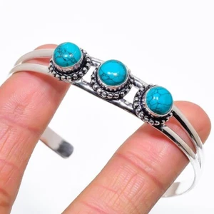 Green Turquoise Gemstone Handmade 925 Sterling Silver Adjustable Cuff Bracelet - Picture 1 of 1