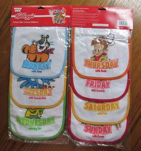 NUEVO Baberos de Terry Vintage KELLOGG'S 7 Días de la Semana Tony Dig Em Tucan Sam Snap - Imagen 1 de 1
