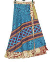 Sushila Vintage Blue Paisley Silk Saree Magic Wrap Reversible Skirt Beach Dress