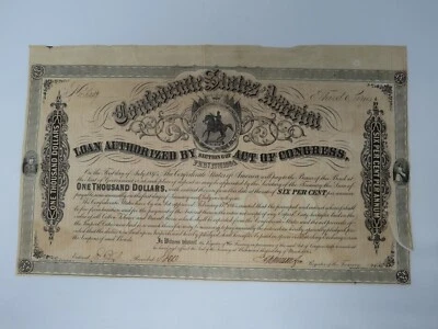$1,000 1864 Confederate Bond Certificate Currency Bank Note UNC 15" X 9" USA - Image 1 of 4