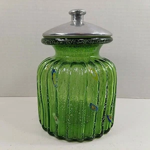 Traditions Millefiori Green Art Glass Handcrafted Jar Fluted Canister Metal Lid - Picture 1 of 9