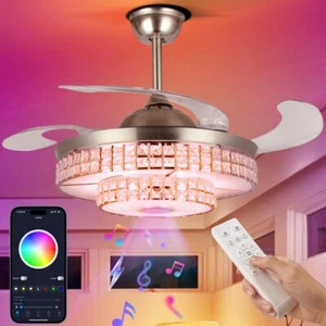 42" Silver Bluetooth Crystal Ceiling Fan Light 7-Color LED Music Chandelier - Picture 1 of 15