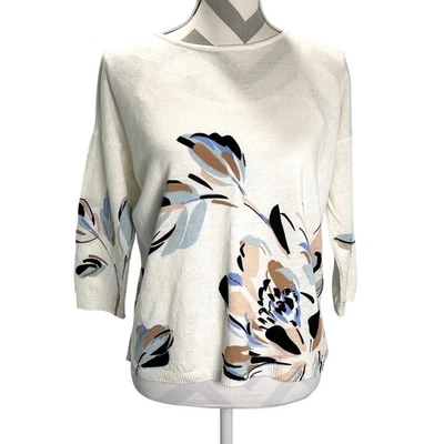 Suéter para mujer J.Jill blanco estampado floral mezcla de lino manga 3/4 M Petite Foto 1 de 4