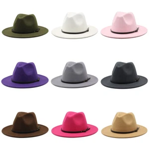 Sombrero de ala ancha de fieltro Fedora Jazz Gorra Panamá Trilby con hebilla de cinturón para hombres mujeres - Imagen 1 de 30