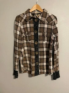 Buckle BKE Eased Womens Top Large Black Plaid Flannel Button Down Elbow Patch - Picture 1 of 6