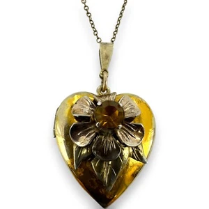c1930s Tri-Tone Sterling and 12k GF Floral Heart Locket With Center Glass Stone - Picture 1 of 7