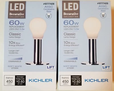 Kichler 60W Candelabra Base LED BULBS 60w (5w) Dimmable A15C  #0777420  (2 Pack) - Image 1 of 4