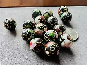 15 Pcs Cloisonné 12mm Round Black Floral Beads Artisan Jewelry Making Lot - Picture 1 of 9