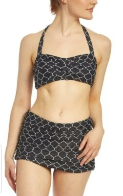 Black Quatrefoil Ruched Bandeau Bikini Top & Skirted Bottoms by Nicole Miller L - Image 1 of 3