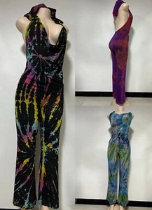 Women's Sexy Tie Dye Jumpsuit Open Back Sleeveless Hooded Drawstrings Rompers. - Picture 1 of 18