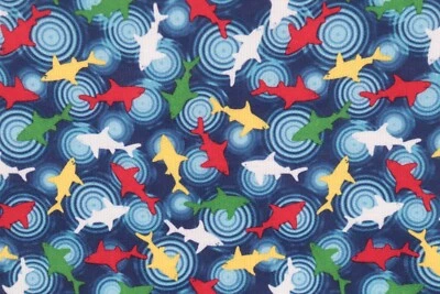 4.9 Yards Unbranded Knit Fabric Colorful Sharks on Blue Concentric Circles 60"W - Image 1 of 4