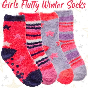 2 4 Pairs Kids Girls Fluffy Thermal Warm Striped Stars Winter Bed Socks Non Slip - Picture 1 of 14