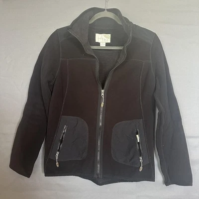 Chaqueta de té verde para mujer pequeña negra polar cremallera completa parches en el codo bolsillos con cremallera Foto 1 de 4