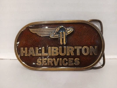 HALLIBURTON SERVICES CAMPO PETROLÍFERO OVNI HEBILLA DE CINTURÓN VINTAGE RARO BERGAMOTA 1977 Foto 1 de 4