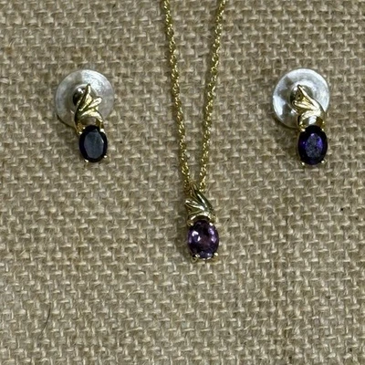 Juego de Pendientes Collar 18" Púrpura Piedra Ovalada Tono Dorado Hoja Diseño Joyería Foto 1 de 4