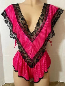 M Vtg Bright Stripes HOT PINK Black Lace CUTOUTS Teddy Bodysuit Erica Loren - Picture 1 of 6