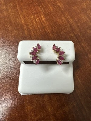 14k Yellow Gold Red Ruby & Diamond Climber Earring, Marquise Ruby - Image 1 of 4