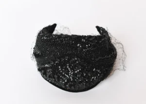 Vintage schwarz Pailletten Stirnband Kopfschmuck Fascinator Schleier Netz Jordan Marsh - Bild 1 von 10