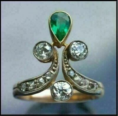 Anillo Art Deco de Boda Esmeralda Simulada Corte Pera 2 Ct Chapado en Oro Amarillo 14K Foto 1 de 3