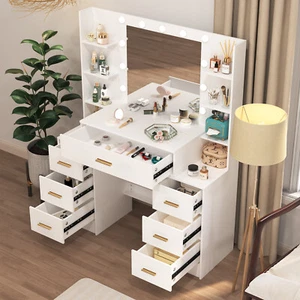Makeup Vanity Desk with Mirror and Lights,Vanity Table with 7 Drawers & Shelves - Picture 1 of 10