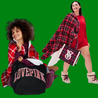 VICTORIA'S SECRET Pink Tote & Blanket Red Plaid Holiday VS LOGO NEW Sealed Pick - Image 1 of 4