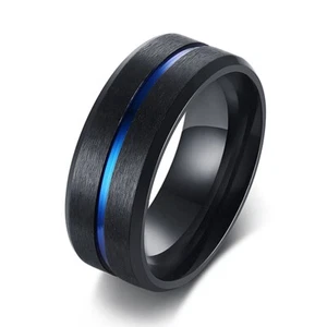 Stainless Steel Black Brushed Thin Blue Line Stripe Band Ring Size 7-12 - Picture 1 of 4