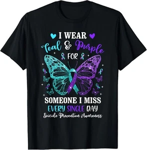 I Wear Teal & Purple Suicide Prevention Awareness Butterfly T-Shirt - Picture 1 of 3