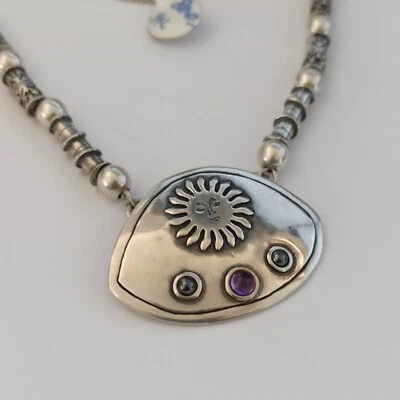 Vintage Sun Necklace Silver Artisan Tubes Beads Ethnic Folklore Stones 90s Boho - Image 1 of 4