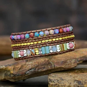 Natural Stone Crystal Leather Wrap Bracelet Healing Stone Bracelet Gift to her - Picture 1 of 5