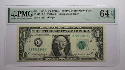 $1 1988 Near Solid Serial Number Federal Reserve Bank Note Bill UNC64 #22222242 - Image 1 of 3
