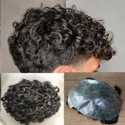 Afro Curl Mens Toupee Full Poly Skin Pu African American Hair System Replacement - Image 1 of 4
