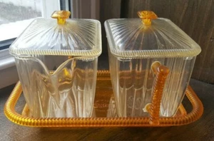 Vintage Kunststoff Orange & Klar Plasmetl Milchkännchen Zucker Deckel Tablett Set Kunststoff USA - Bild 1 von 10