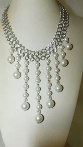 20" MULTI CIRCLES MULTI-DANGLING FAUX PEARL GLASS BEAD CHAIN STATEMENT NECKLACE - Picture 1 of 4