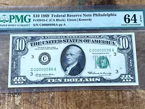 $10 1969 Federal Reserve Note 2018-C Philadelphia PMG 64EPQ - LOW SERIAL 98 Set - Picture 1 of 2