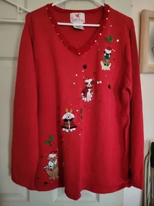 Ladies Quacker Factory Red Christmas Sweater With Christmas Dogs, Embellishments - Picture 1 of 18