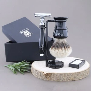 3PC Shaving Kit Black with DE Safety Razor Silver Tip Badger Hair Brush & Stand - Picture 1 of 7