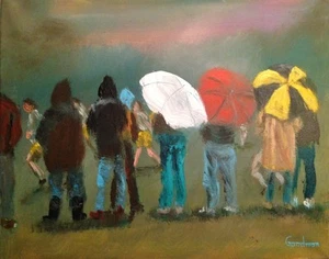 PINTURA AL ÓLEO SOBRE LIENZO ORIGINAL LEON GOODMAN ""Umbrella Town"" Día de lluvia - Imagen 1 de 1