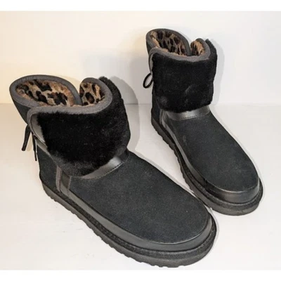 UGG Women's 10 Classic Leopard Lined Bow Black Suede Boots Animal Print 1105354 - Image 1 of 4