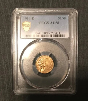1914-D $2.5 INDIAN HEAD GOLD QUARTER EAGLE PCGS AU58 GOLD SHIELD NICE! - Image 1 of 2