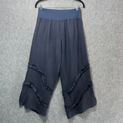 Pantalones Cortos Hechos en Italia Lino Pierna Ancha Azul Marino Cintura Elástica Boho Flecos Ribete L/XL Foto 1 de 4