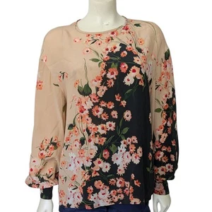 MaxMara Floral Print Silk Tunic Size 10 Semi Sheer Beige Black Long Sleeve - Picture 1 of 10