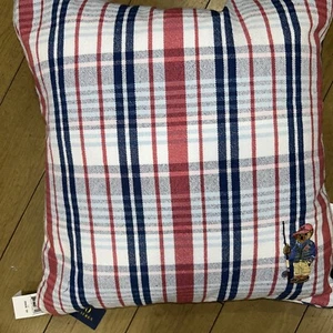 NWT POLO RALPH LAUREN NAVY BLUE RED WHITE PLAID BEAR FISHERMAN 20” X 20” PILLOW - Picture 1 of 4