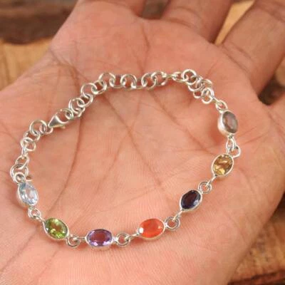 Silver Charm Jewelry,Multi Gemstone Bracelet,925Sterling Silver,Handmade Jewelry - Image 1 of 4