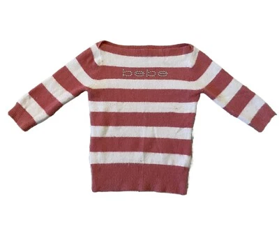 Camisa Y2K McBling Bebe Blanca Rosa Rayas Ancho Cuello Barco Angora Estrás Logo L Foto 1 de 4